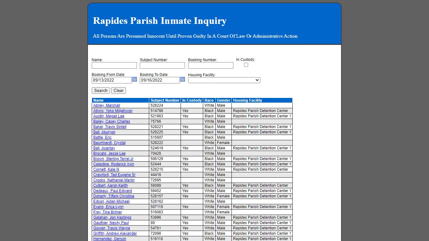 Rapides Parish Inmate Inquiry - 12.189.45.22
